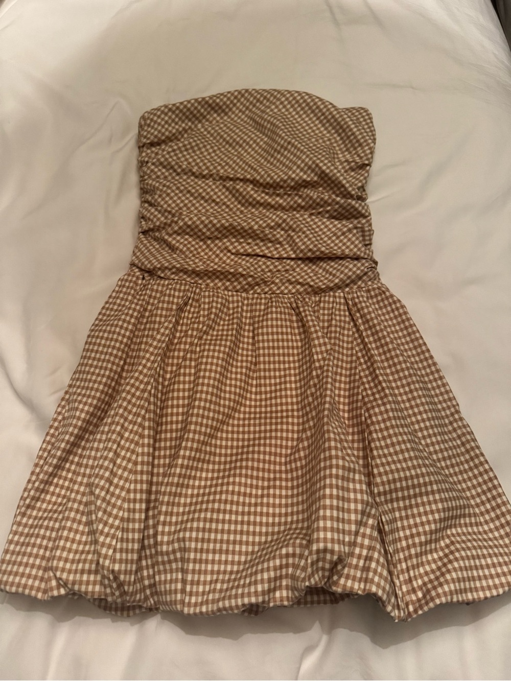 Reformation Strapless Mini Dress in Brown Gingham